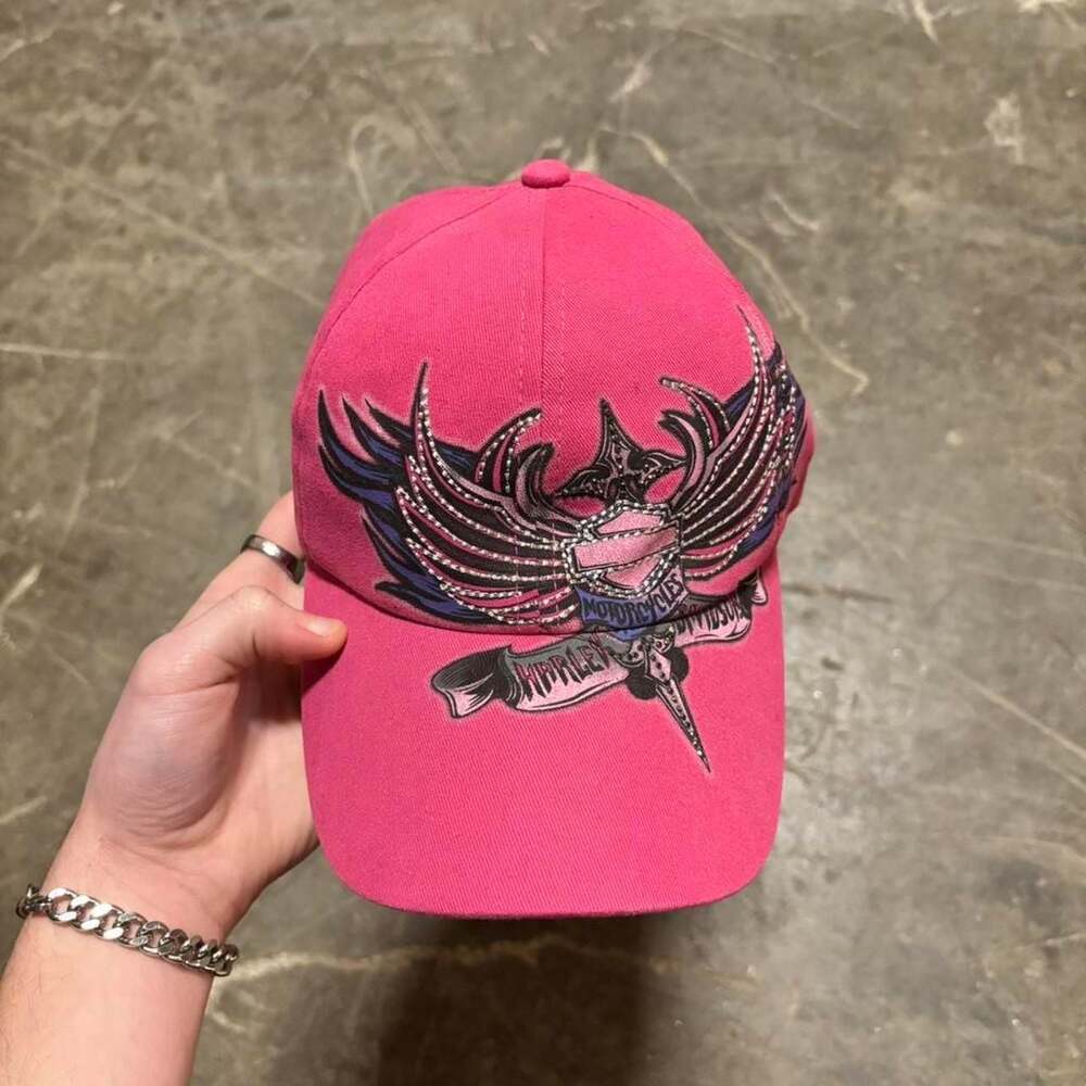 Vintage Harley Davidson Y2K Pink Jeweled Winged Embroidery Hat OSFA